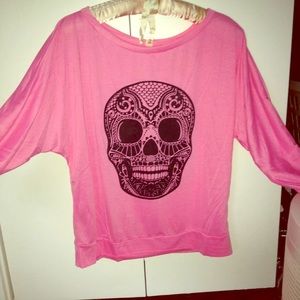 Sugar skull pink scoop neck long sleeve shirt